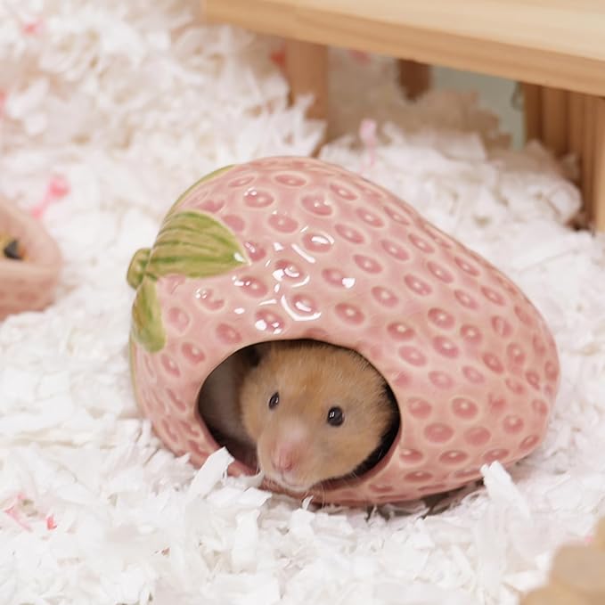 Ceramic Hamster Hideout,Strawberry Dwarf Hamster House,Guinea Pig Habitat Decor, Hideaway House for Gerbil, Cool Bed for All Season(Pink)