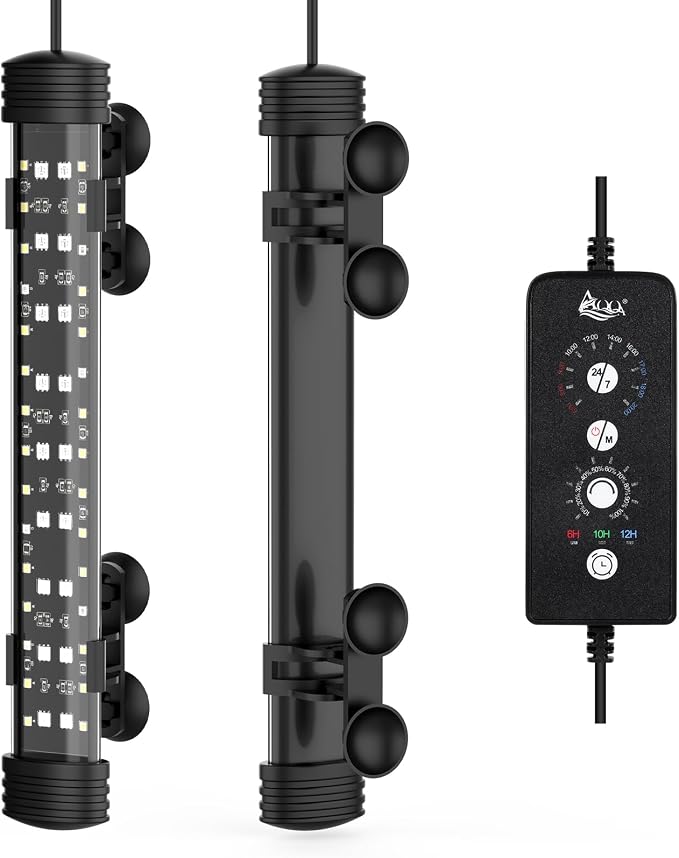 AQQA 19.09 Inch Submersible Aquarium Light, 24/7 Mode Fish Tank Light | 7 Adjustable Angles, 9 Color Options, 4 Rows Beads, Dimmable & Timer Control, IP68 Waterproof Full Spectrum Plant Light