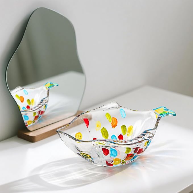 3 Pack Hand Painted Colorful Glass Crystal Bowl, 12 OZ Cute Fish Shaped Bowl, Decorative Serving Dish for Salad, Fruit, Snack, Dessert, Candy, Nuts