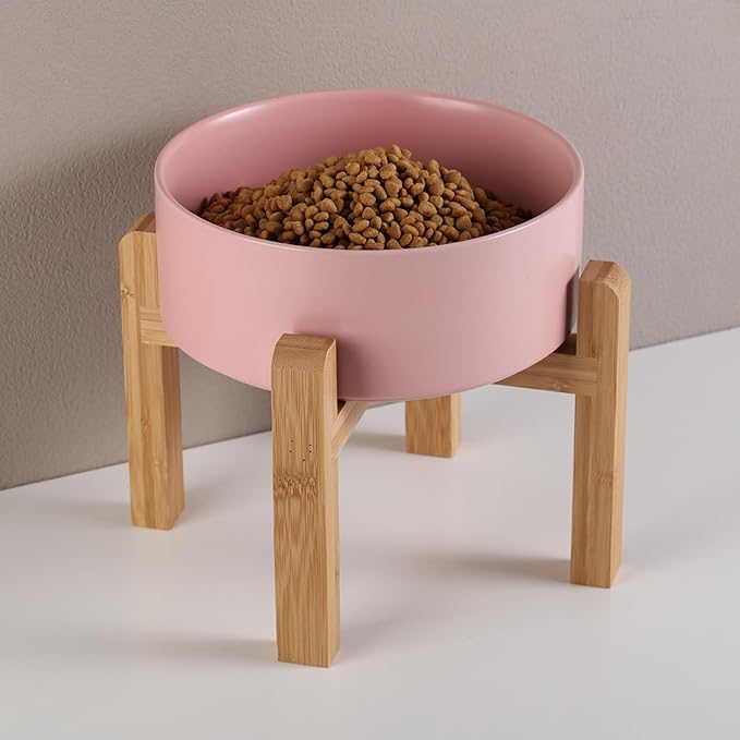 Pink Raised/Elevated Ceramic Dog Bowl for Small Medium Sized Breeds,Dog Food Water Bowl with Stand,6 in Non Slip Heavy Pet Feeding Dish 3.6 Cups/ 850 ml /28 OZ
