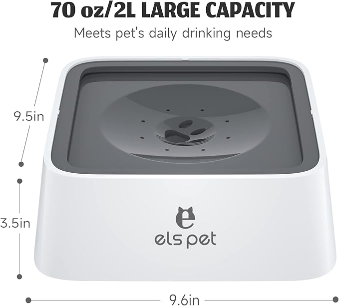 ELS PET No Spill Slow Water Feeder - Large Capacity 70oz/2L Travel Bowl for Dogs & Cats Anti-Gulping, Keeps Floor & Beard Dry, Dishwasher Safe, Activated Carbon Filter Included (Grey)