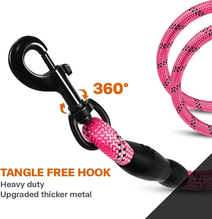 Taglory Rope Dog Leash 6 FT with Comfortable Padded Handle, Highly Reflective Threads Leash and Anti-Tangle Clip for Walking Medium Large Dogs, 1/2 inch, Pink