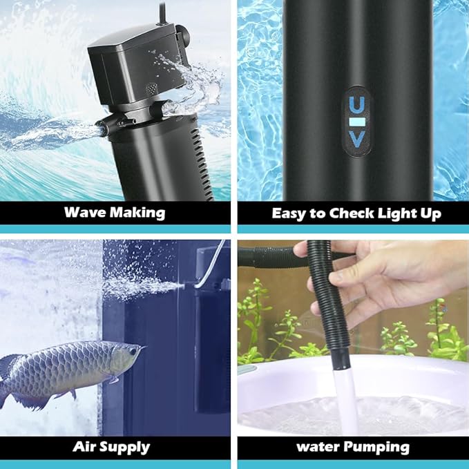 Aquarium Filter for 100-500 Gallon Tank, U-V Fish Tank Green Clean Machine Submersible Powerful Pump Canister Filter 600GPH for Pond Turtle Tank Saltwater Freshwater Crystal Clear Green Killing