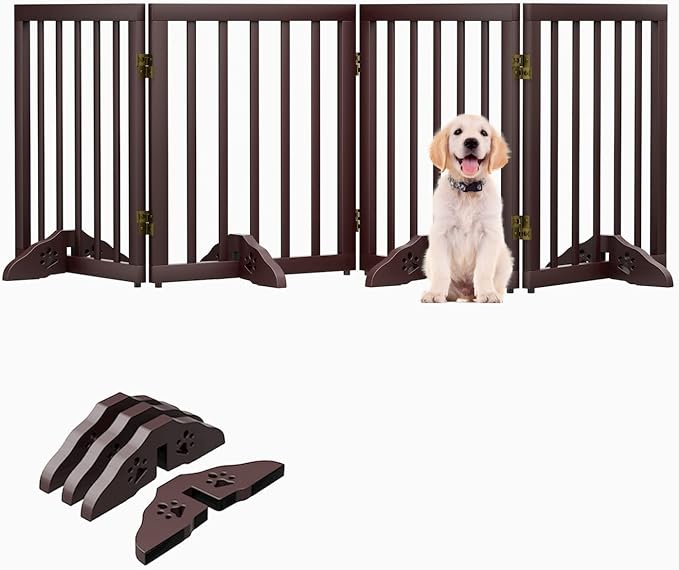 Semiocthome Freestanding Dog Gates for The House Extra Wide with 4 Panels and 4 Support Feet, 24" H Foldable Pet Gate for Stairs, Wooden Expansion Doggy Gates for Doorways, Fit Opening Up to 74" W