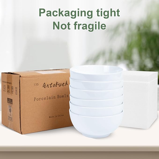 AntoKueh Large 6-Inch Ceramic Bowls Set of 6, 26oz Deep Porcelain Bowls for Cereal, Salad, Noodles - Dishwasher & Microwave Safe, White