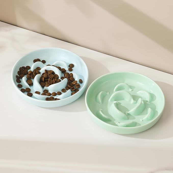 Ceramic Cat Slow Feeder Bowl - 6.3'' Wide Opening Whisker Friendly Cat Plate for Dry and Wet Food - Cute Maze Feeder Dish Helps Reduce Vomiting - Microwave and Dishwasher Safe - Blue