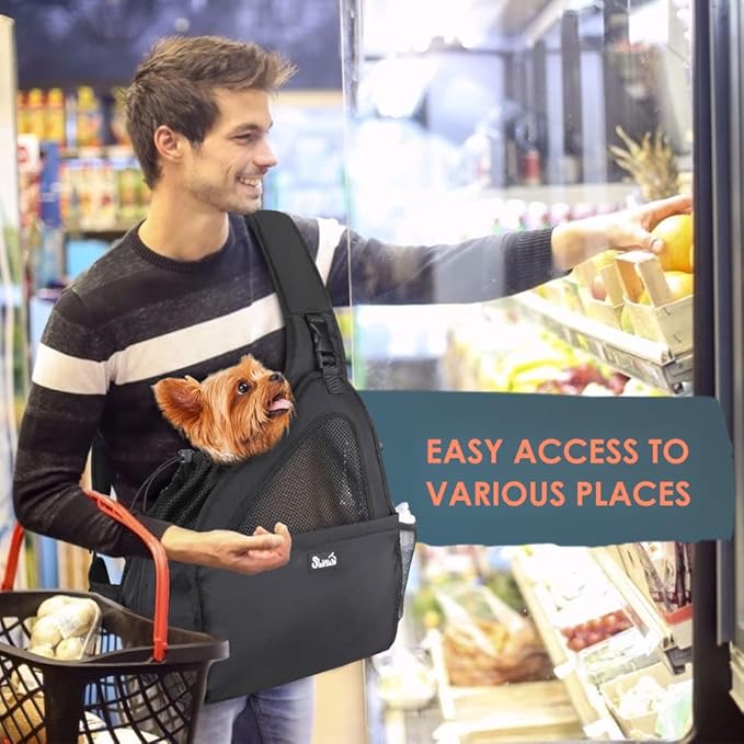SlowTon Pet Dog Sling Carrier, Hands Free Hard Bottom Papoose Small Animal Puppy Up to 11 lbs Travel Bag Tote Breathable Mesh Support Adjustable Padded Strap Pocket Safety Belt Machine Washable