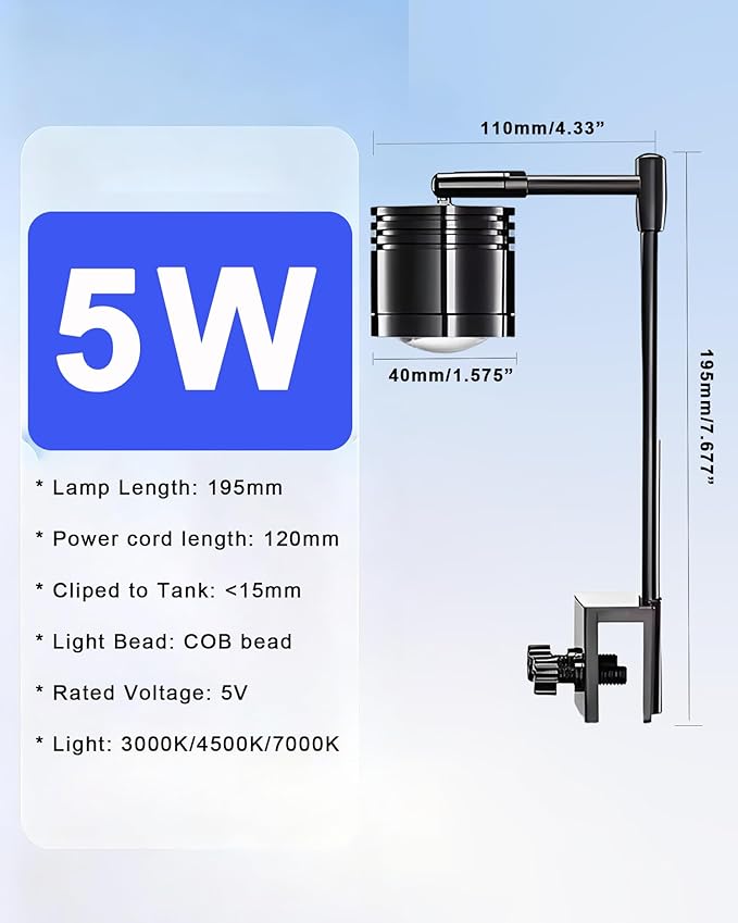 Aquarium LED Light, 5W Clip-on Fish Tank Lamp, 3 Colors, 7.7 Inch Fixed Arm, USB 5V Downlight