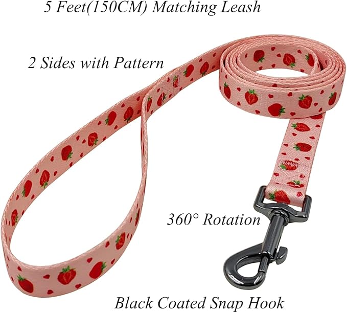 Dog Collar Leash Set, Fruit Pattern, Polyester Material, Adjustable Collar and 5ft Matching Leash, for Large Dogs.(L, Strawberry)