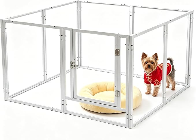 Clear Acrylic Dog Playpen with Door,Puppy Fence Indoors H:24" 8-Panel can be DIY Expanded + Splicing Height Design for Puppies/Small Dogs,White Dog Enclosure (Metal + Acrylic Material)