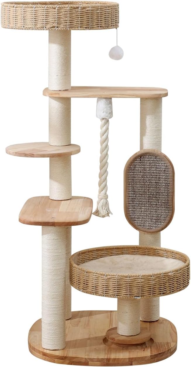 Wooden Cat Tree for Large Cat, Tall Cat Tower with Scratching Post for Indoor Cats, Multi-Level Cat Condo with Hand-Woven Cat Bed and Scratching Board Easy to Clean (48IN)