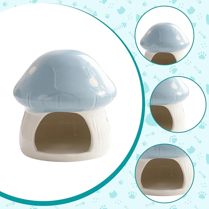 Baoblaze Ceramic Hamster House, Small Animal Hideout, Sturdy Cute Mushroom Shaped Cave Hideaway House for Gerbils Chinchilla, Blue