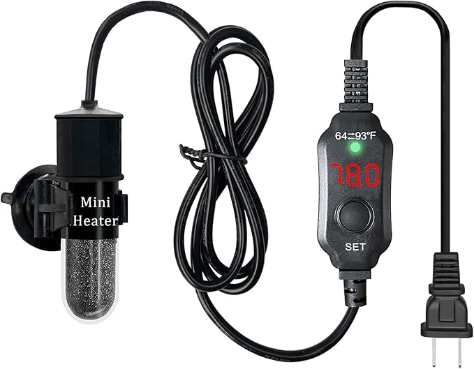 Mini Submersible Aquarium Heater, 25/50/100/150/200/300 Watts Adjustable Fish Tank Heater, Built-in Thermometer, External Temperature Controller, Smart Memory, Used for 1-60 Gallons (20W Plug)