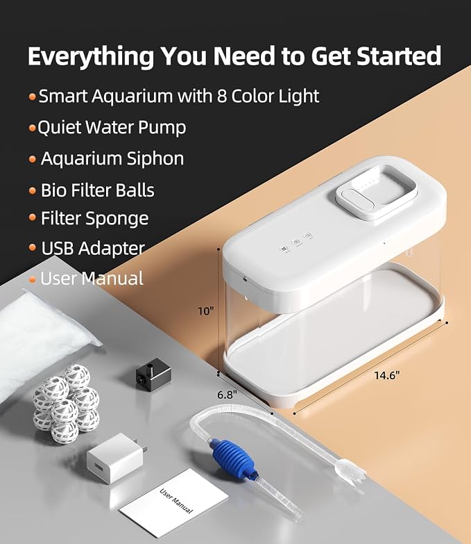 3 Gallon Fish Tank Starter Kit with Hidden Filtration Light Smart Acrylic | Temperature Monitor, 8 Color Lighting, Self-cleaning, Round Corner, Rimless, for Betta Shrimp Guppy, White, Detachable Lid