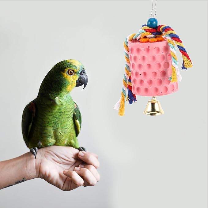 Luxshiny Mineral Block Bird Chewing with Bell for Parrots and Parakeets Beak Grinding Stone Cage Accessory for African Grey Cockatiels Interactive Chew for Boredom Relief and Play