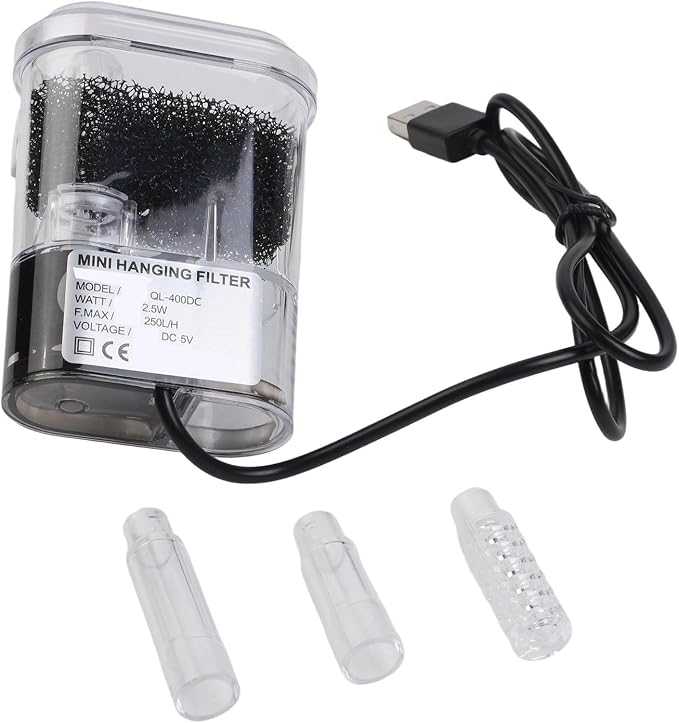 Aquarium External Filter USB Powered Waterfall Circulation Pump with Adjustable Flow for 3-5mm Glass Tanks, Transparent Plastic Hanging Back Filter for Small Fish Tank Cleaning