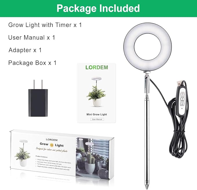 LORDEM Full Spectrum LED Plant Grow Light for Indoor Plants, Black | Auto On/Off Timer, 4 Dimmable Brightness