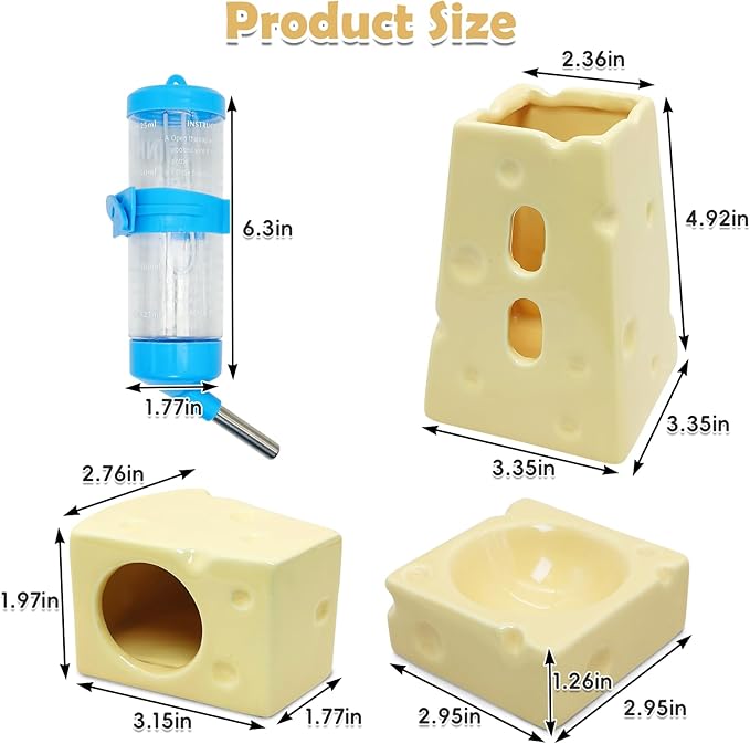 PINVNBY 4PCS Hamster Hideout Set Ceramic Cheese Shape Hamster Food Bowl Water Bottle Holder & 125ML Water Bottle Hamsters House for Dwarf Robo Campbell Gerbil and Other Small Animals