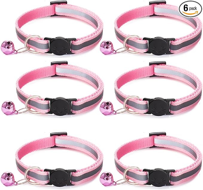 6 Pack Reflective Cat Collar with Bell, Breakaway and Safe Collars for Cats, Nylon, Pet Collar Adjustable19-32cm (Pink)