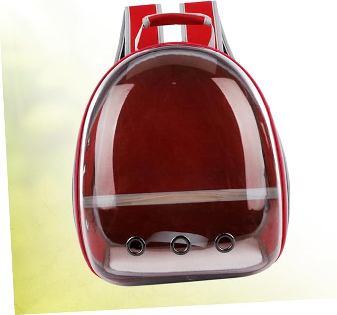 Portable Pet Backpack for Birds Breathable Capsule Carrier Ventilation and Inner Wooden Bar for Outdoor Travel Red Transparent Parrot Bag