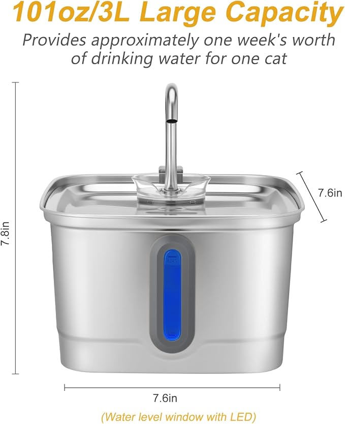 SEIRMEP Stainless Steel Cat Water Fountain, 101oz/3L Automatic Pet Water Fountain, Dog Water Fountain with Replacement Filters for Cats, Small Dogs (8 Filters and 8 Sponges)