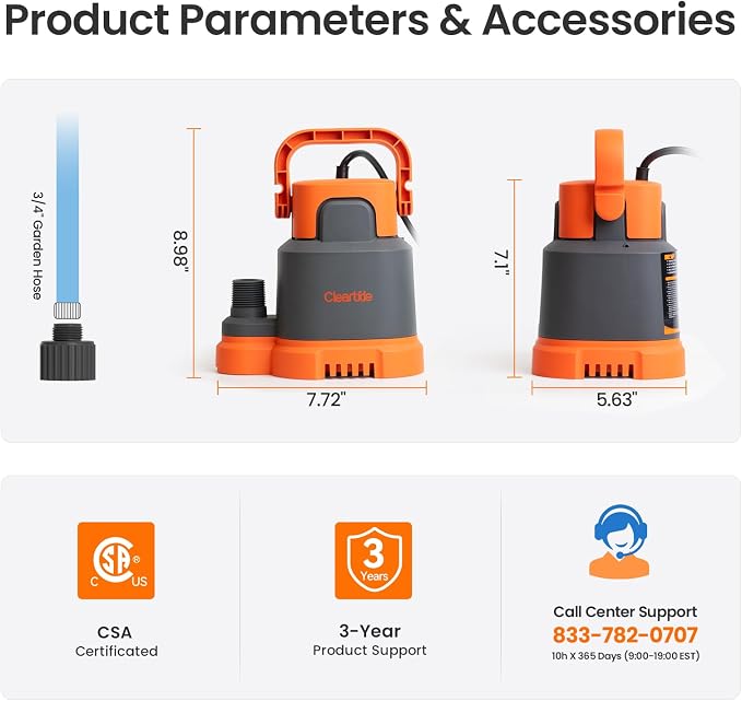 Submersible Utility Water Pump, 2400 GPH Portable Sump Pump with Copper Motor, Plug and Work for Pond, Garden Watering, Pool Transfer, Hot Tub Emptying
