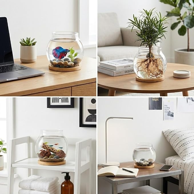 Homoyoyo Desktop Glass Fish Bowl with Wood Lid, Glass Plant Propagation Station Vase Betta Fish Tank, Small Round Hydroponic Terrarium Bottle for Water Plants Moss Desktop Decor Transparent 4. 3in