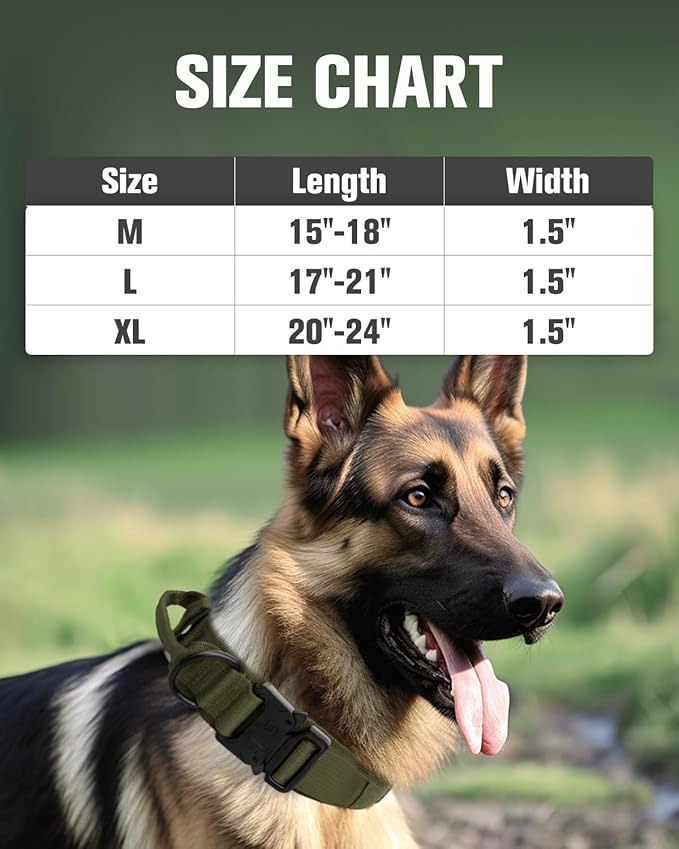 Joytale Tactical Dog Collar with Handle and Metal Buckle, Heavy Duty Padded Military Collar with 2 Patches for Training, Adjustable for Medium Dogs, ArmyGreen, M
