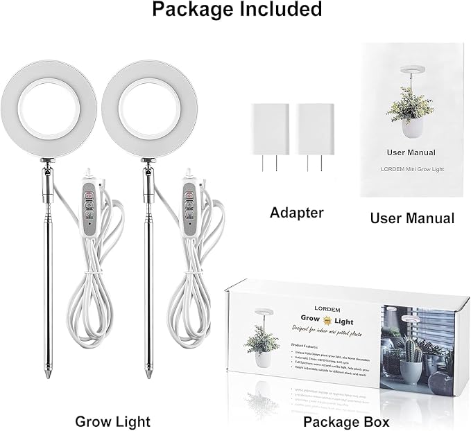 LORDEM Grow Light, Full Spectrum LED Plant Light for Indoor Plants, Height Adjustable Growing Lamp with Auto On/Off Timer 4/8/12H, 4 Dimmable Brightness, Ideal for Small Plants, 4 Packs