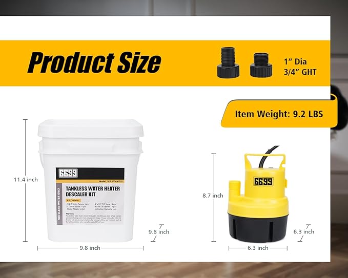 Tankless Water Heater Flushing Kit Includes 1/4HP Submersible Sump Pump with Two Adapters & 3 Gallons Pail with Bucket Lid Opener & Two 1/2” Dia X 6’ PVC Hoses with Washers