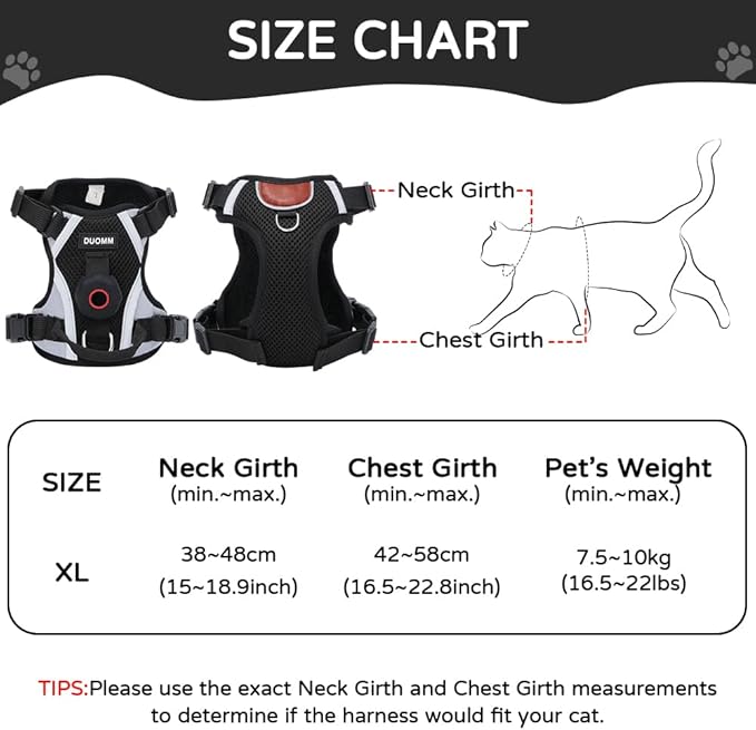 Large Cat Harness and Leash Set with Holder Compatible with AirTag, Upgraded Escape Proof Vest for Extra Large Cats Small Dogs Puppy, Mesh Outdoor Walking Jacket, Reflective Adjustable, Black, XL