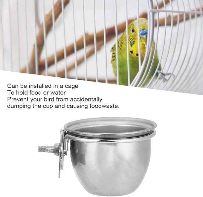 SYH&AQYE Stainless Steel Bird Food Water Coop Cup, Bird Feeding Dish Feeder with Clamp Holder for Macaw African Greys Budgies (8.5cm)