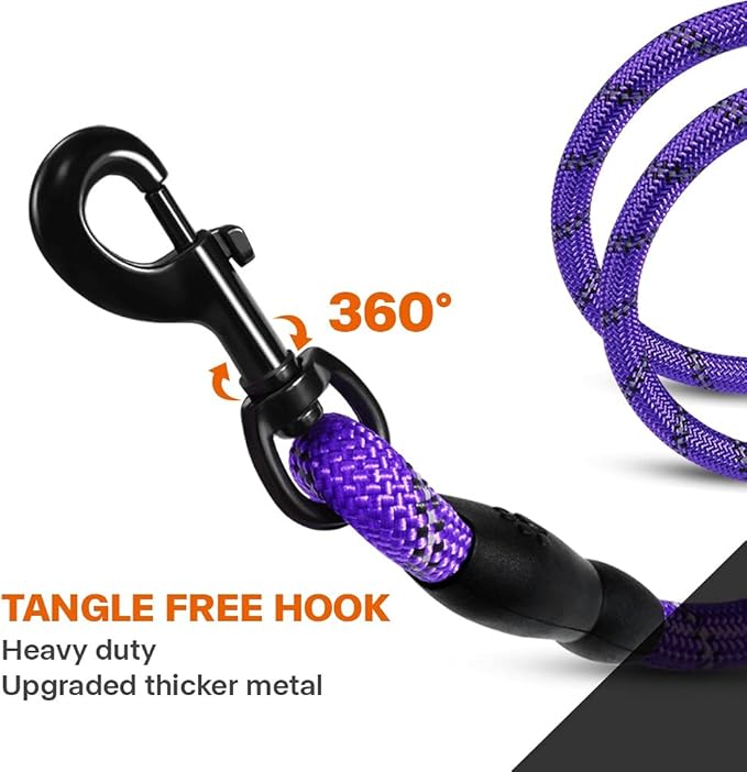 Taglory Rope Dog Leash 5 FT with Comfortable Padded Handle, Highly Reflective Threads Leash and Anti-Tangle Clip for Walking Small Dogs, 3/8 inch, Purple