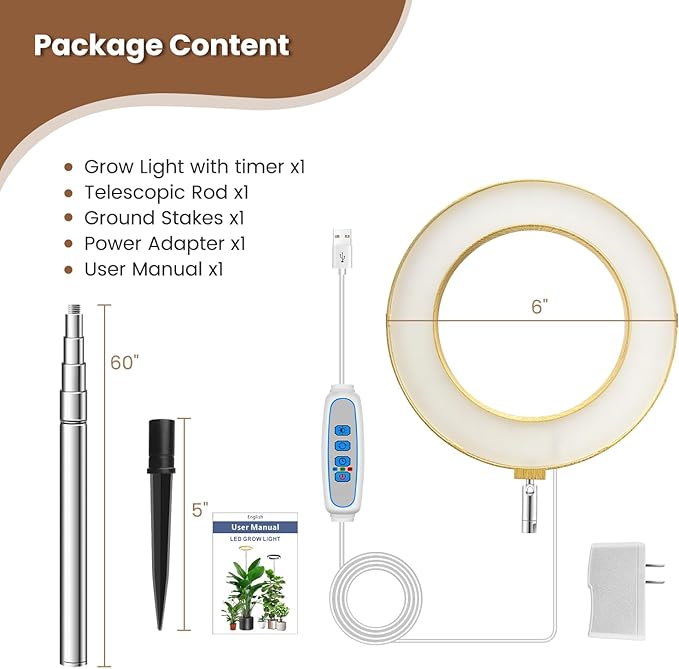 Aokrean Grow Lights for Indoor Plants, Full Spectrum Plant Lights for Indoor Growing, Height Adjustable 10"-65" Faux Wood Grain Grow Lamp with 6/12/16H Timer, 3 Optional Spectrums, 5 Brightness