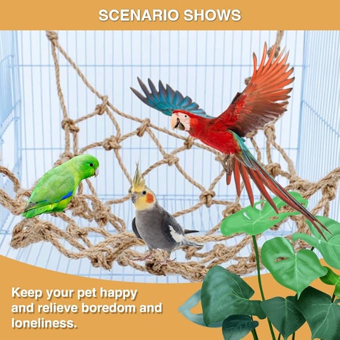 2 Packs Natural Bird Rope Net Parrot Swing Hammock for Birds Parrot Ladder Macaw Hanging Hammock Activity Toy for Rats Parakeet Cockatiel Cockatoo Conure African Grey Budgie(S 12x8inch)