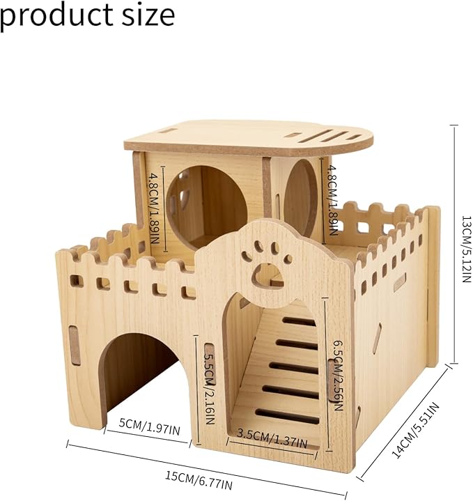 Natural Wood Hamster Habitat Hideout Cage Accessories, Maze Cabin with Fun Slide & Double-Decker House, Exercise Toys for Dwarf Hamsters, Gerbils, Mice, Other Small Animals(Only for Small Hamster D)