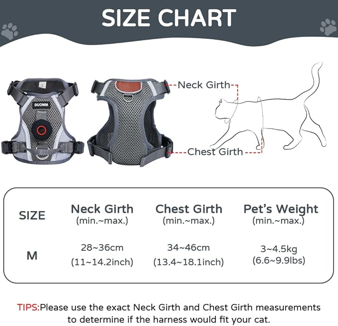 Cat Harness and Leash Set with Holder Compatible with AirTag, Upgraded Escape Proof Kitten Harness with Lead for Large Adult Cats, Soft Mesh Jacket Vest for Walking, Reflective & Adjustable, Grey, M