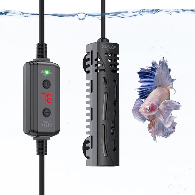 SEAOURA Small Aquarium Heater, 50W Mini Fish Tank Heater, Adjustable Submersible Aquarium Heater with External Digital Controller for Turtle, Betta, Freshwater, Saltwater, 5-15 Gallon