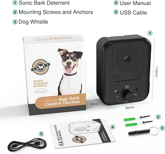 Queenmew Anti Barking Device for Dogs, 3 Modes Rechargeable Dog Bark Deterrent Devices, 30ft Effective Stop Bark Box with Adjustable Frequency & Range for Walking, Fit All Breeds&Size Dog