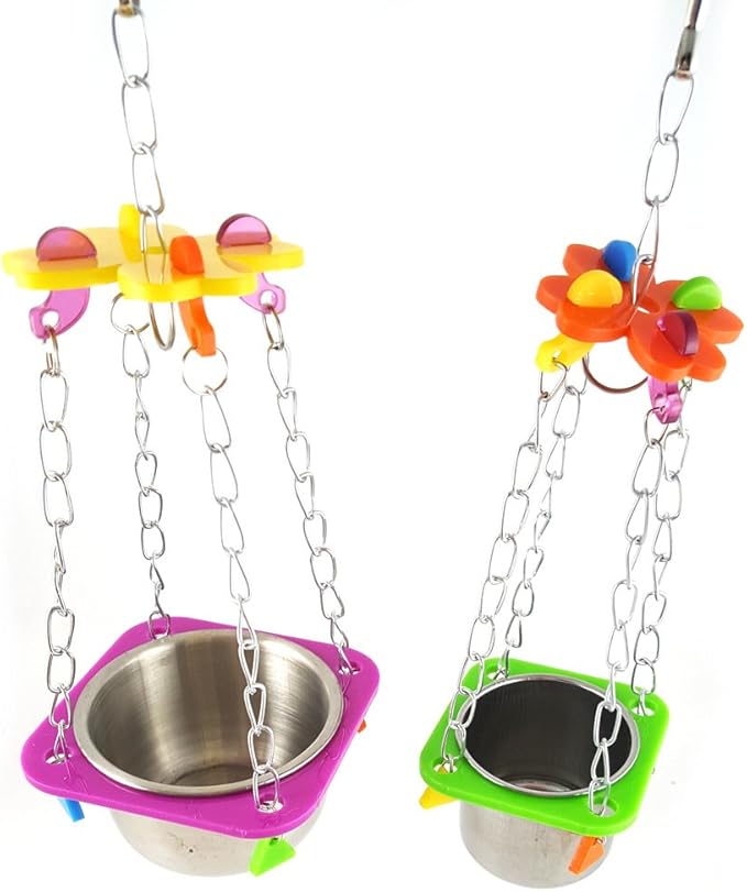 Pet Bird Food Feeding and Drinking Hanging Cup Stainless Steel Coop Hanger Cup and Cup Holder for Parrot Cage Budgie (Big)