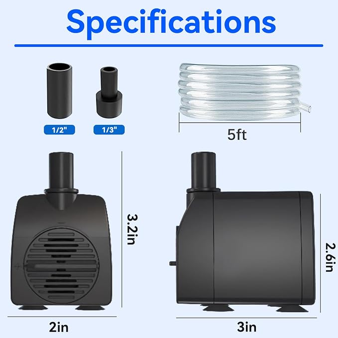 Submersible Water Pump 200GPH with AUTO Shut Off for Fountains | 5.2ft. High Lift, with 3.3ft Hose,Perfect for Hydroponics, Small Ponds, Aquariums & More