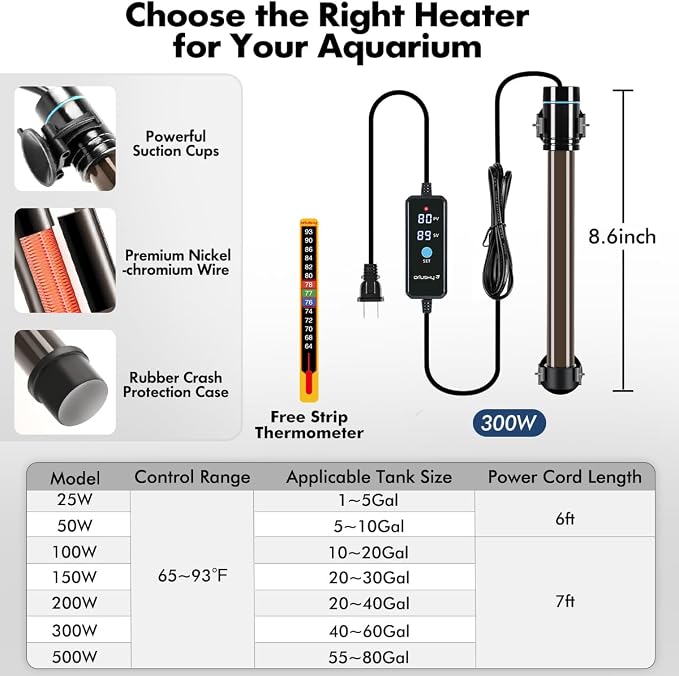 Orlushy Submersible Aquarium Heater, Fish Tank Heater with Free Thermometer for Freshwater and Saltwater Tank
