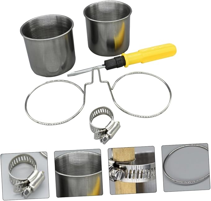 BESPORTBLE 1set Stainless Steel Parrot Feeder Cup Clamp Hanging Food Water Bowl for Birds Easy to Clean Accessory for Birdcage Feeding