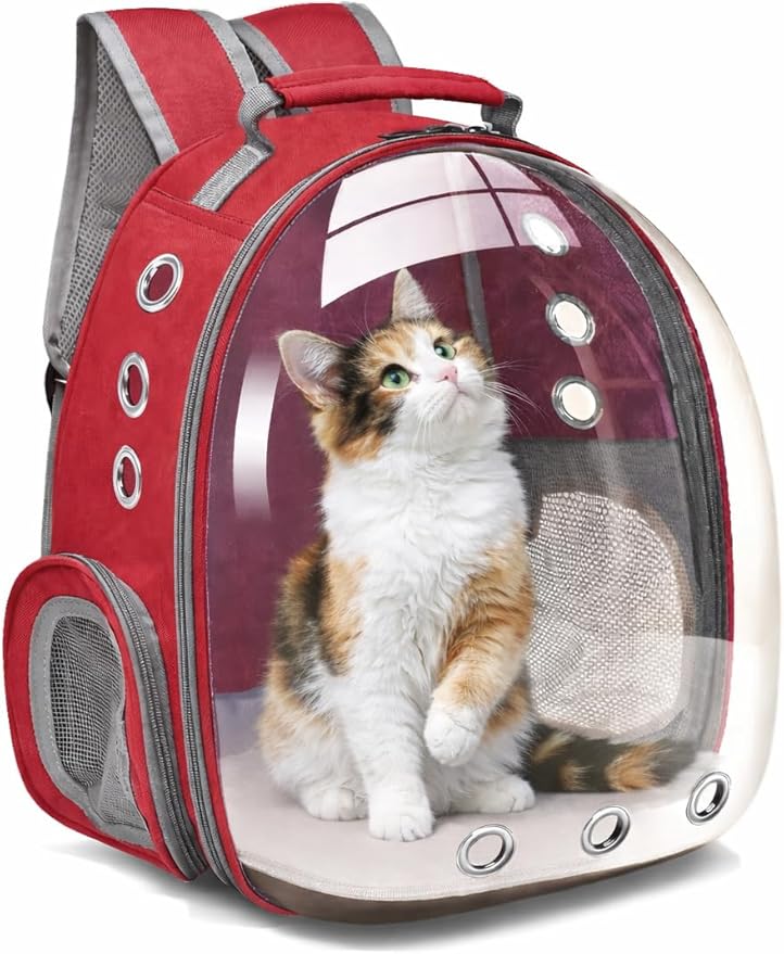 Bubble Backpack Pet Carrier for Cats & Small Dogs up to 17 lbs – Ventilated Clear Capsule Backpack with Mesh Panels, Lightweight Travel Backpack for Walking, Hiking & Airline Carry-On (Red)