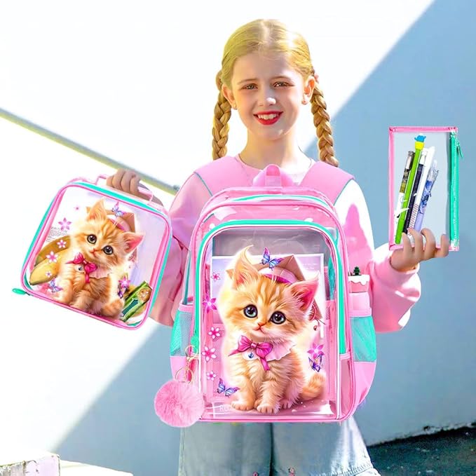 Clear Backpack for Girls and Boys, Kids Transparent Bookbag, 3PCS Cute See Through School Bag for Elementary Prechool