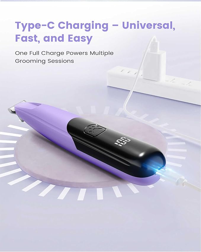 PAPMINI Dog Paw Trimmer with LED Light, 35dB Low Noise Paw Trimmers for Dog's Feet, 2 Speed Safety Electric Dog Clippers for Grooming, Rechargeable Cat Shaver for Paws, Ears, Face, Rump (Purple)