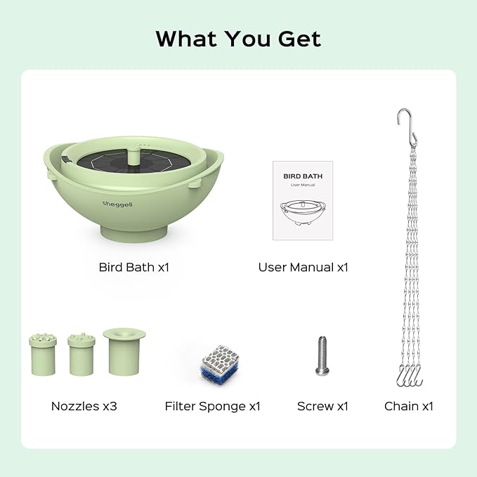 Sheggell Smart Bird Bath, 2L Large Capacity with Water Circulating Filtration, Solar Bird Bath with 3 Fountain Modes, Hanging & Freestanding Design, IPX6 Waterproof, Birdbath for Yard(Light Green)
