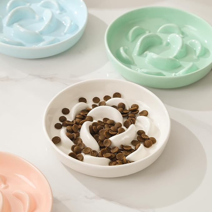 Ceramic Cat Slow Feeder Bowl - 6.3'' Wide Opening Whisker Friendly Cat Plate for Dry and Wet Food - Cute Maze Feeder Dish Helps Reduce Vomiting - Microwave and Dishwasher Safe - White