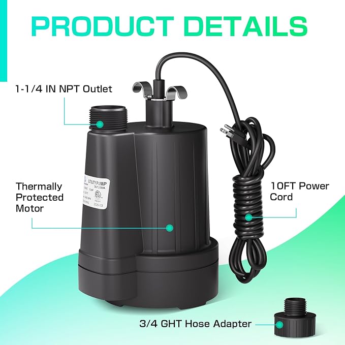 D-HONOR Sump Pump Submersible Utility Water Pump 1/3HP 2400GPH | Thermoplastic Electric Portable Transfer Drain Pump for Swimming Pool Pond Garden Basement with 3/4 IN GHT