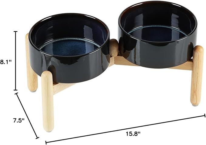 Havniva Ceramic 7.3inch Raised Double Bowls Set with Wooden Stand, Food & Water Bowls for Medium Breed Dogs, Weighted Dog Dishes, Pet Feeder(Starry Sky)